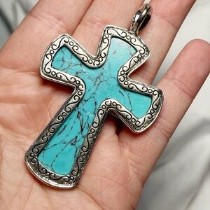 Turquoise Cross Necklace Pendant Silver Tone Southwest Western Boho Statement